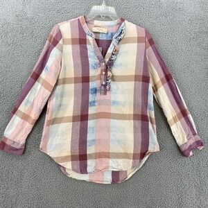Anthropologie Isabella Sinclair Shirt Women XS Plaid Ruffle Henley Cotton Blouse